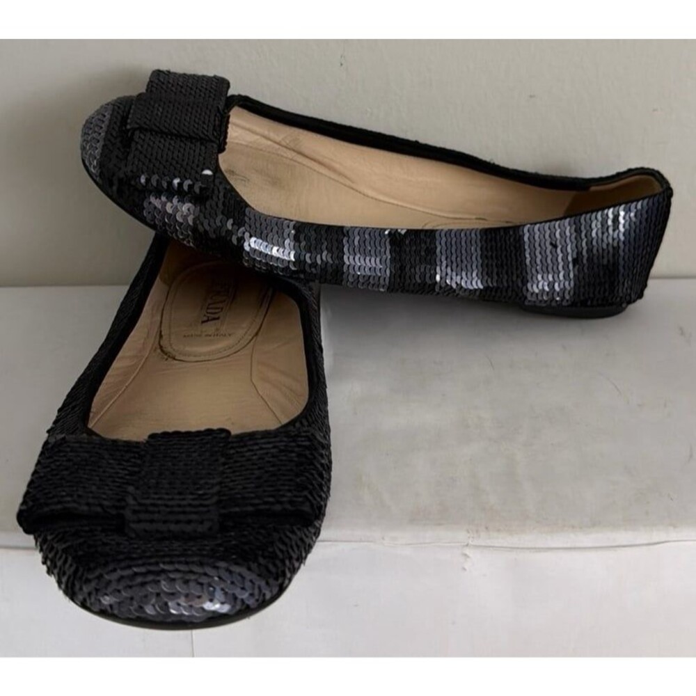 Prada Sequin Bow Glitter Paillettes Shiny Low Ballet Flats EUR 38.5